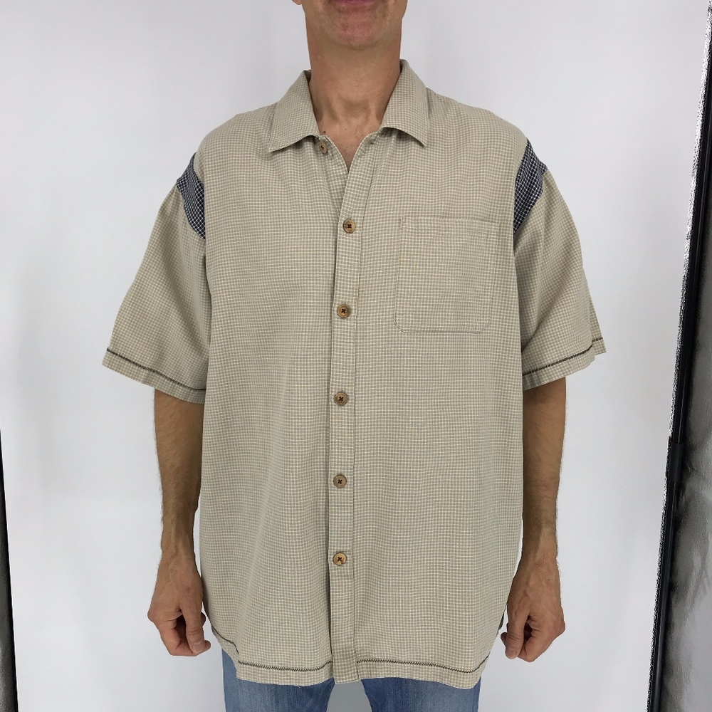 Sean John Tan and Blue Button Down Cotton Shirt